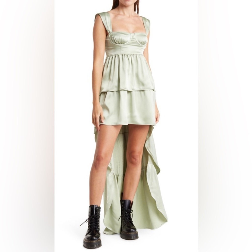 WeWoreWhat Fog Green High Low Satin Charmeuse Corset Maxi Dress